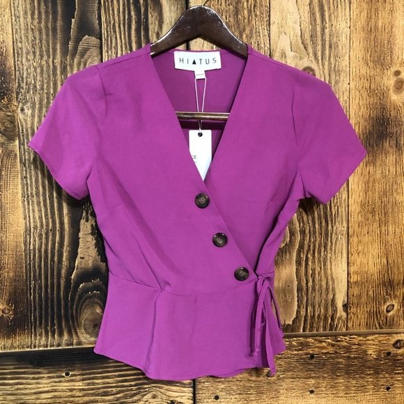 NWT Hiatus Asymmetric Button Surplice V-Neck Wrap Top Magenta Sz S - Picture 2 of 9